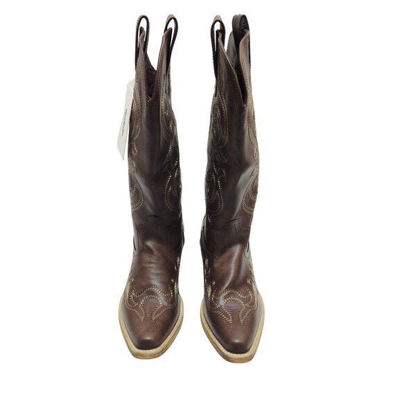 Western Cowboy Brown Leather Boots Womens 7.5 Rollda Embroidered Stacked Heel - Picture 4 of 12